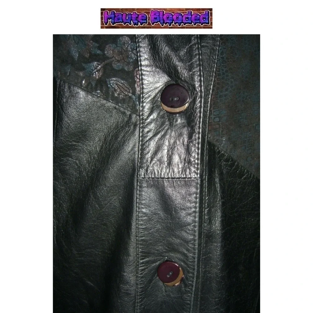 Vintage 90's Long Black Leather Trench Coat Holographic Boho Print Floor Length - Picture 12 of 15